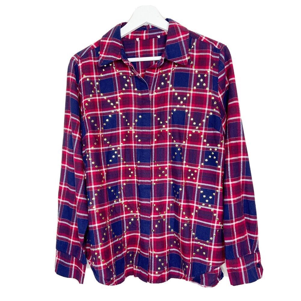 Michael Kors Gold Studded Plaid Flannel Top